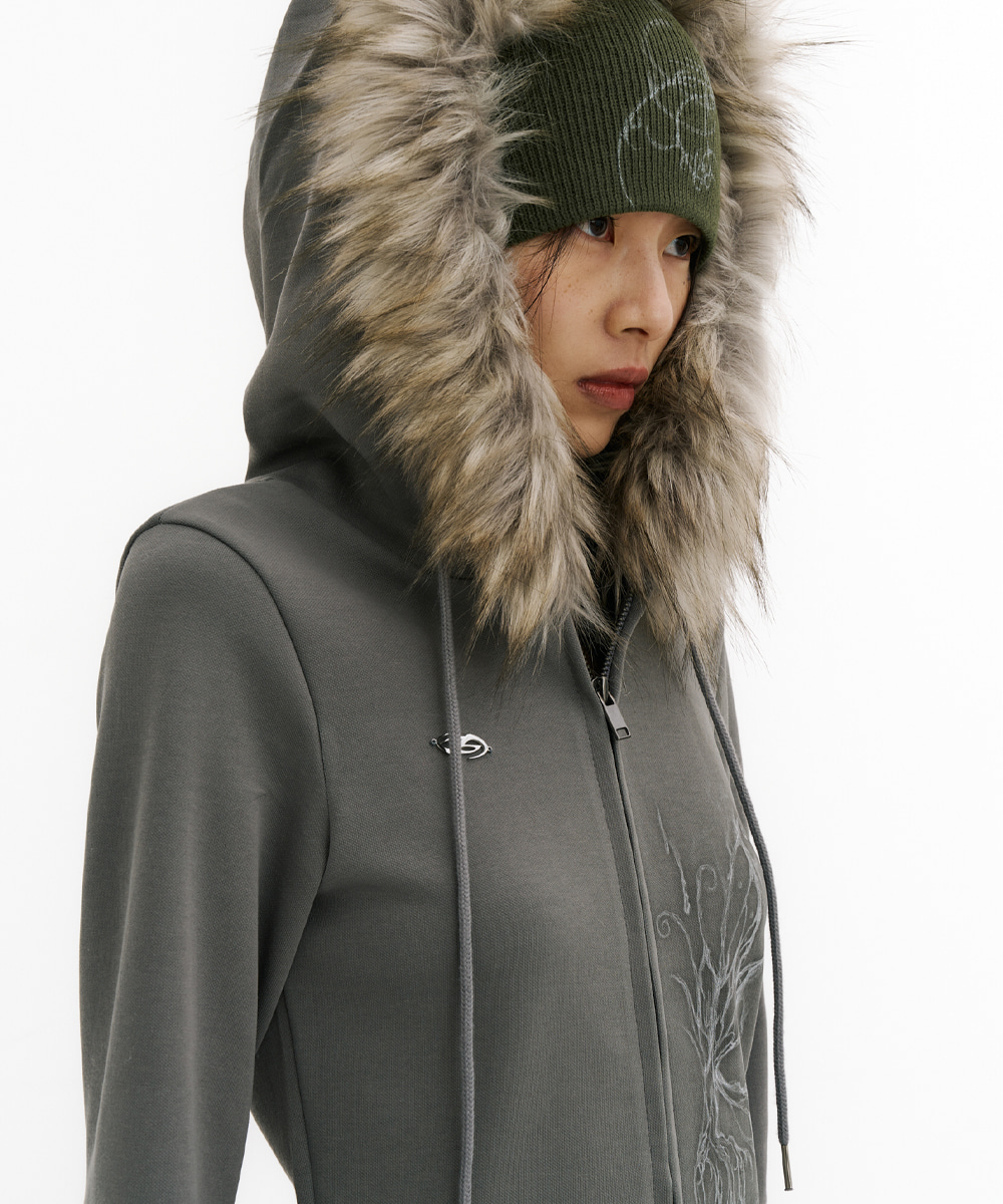 Fur long hoodie zip-up