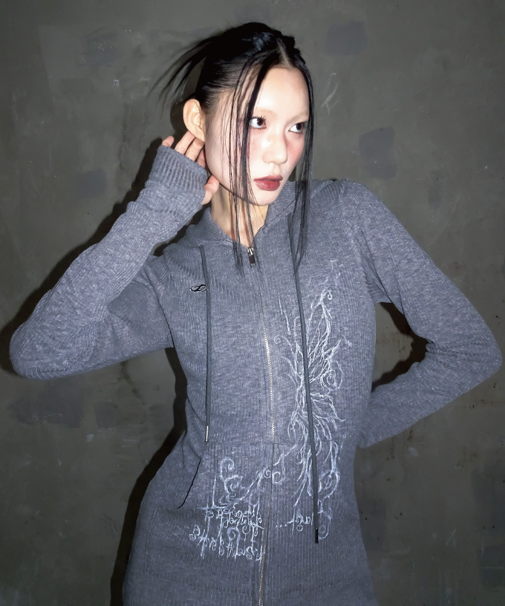 Knitted long hoodie zip-up (Melange)